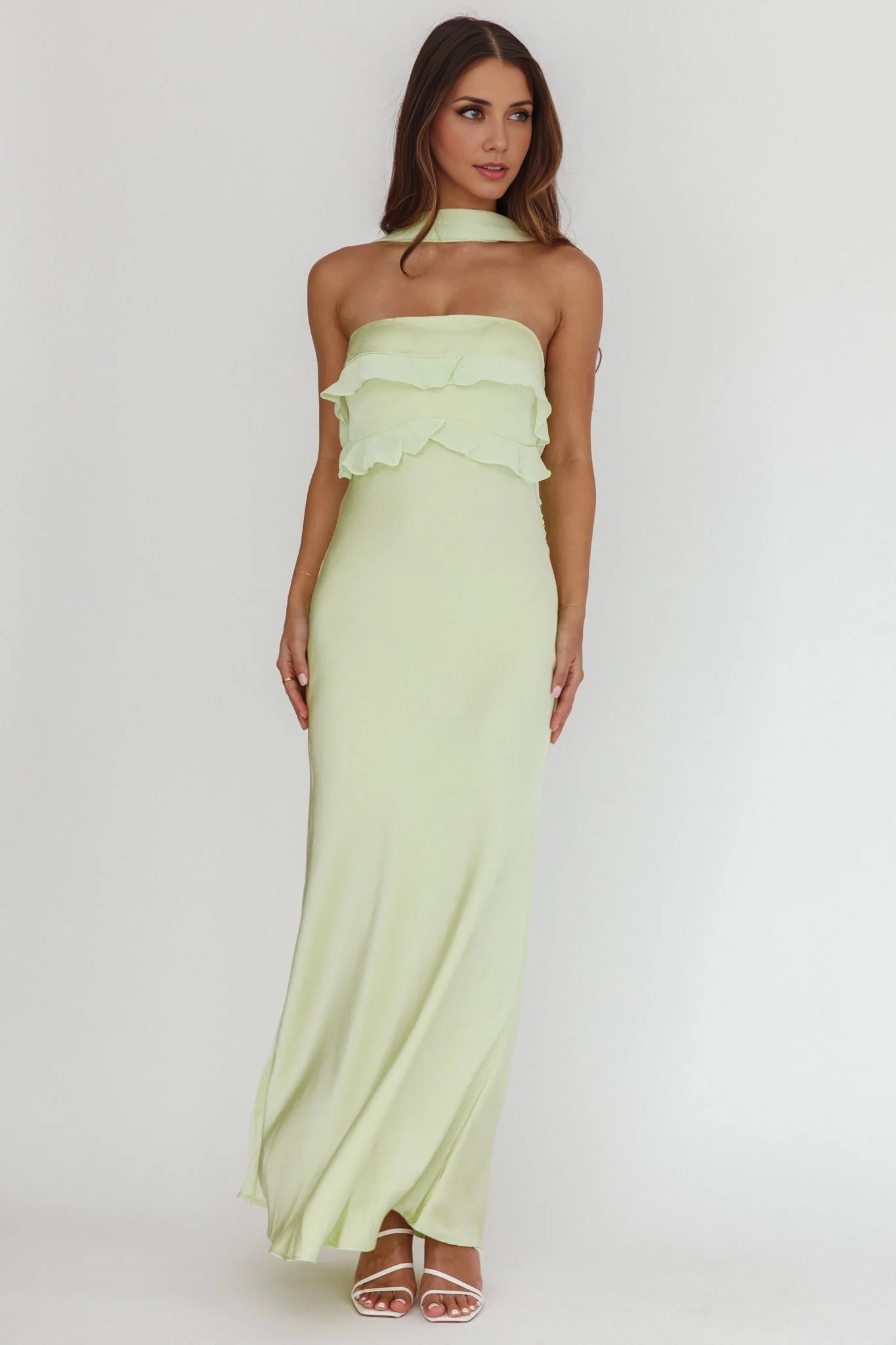 Elegant satin ultra long reverse hanging neck ruffled strapless bridesmaid dress