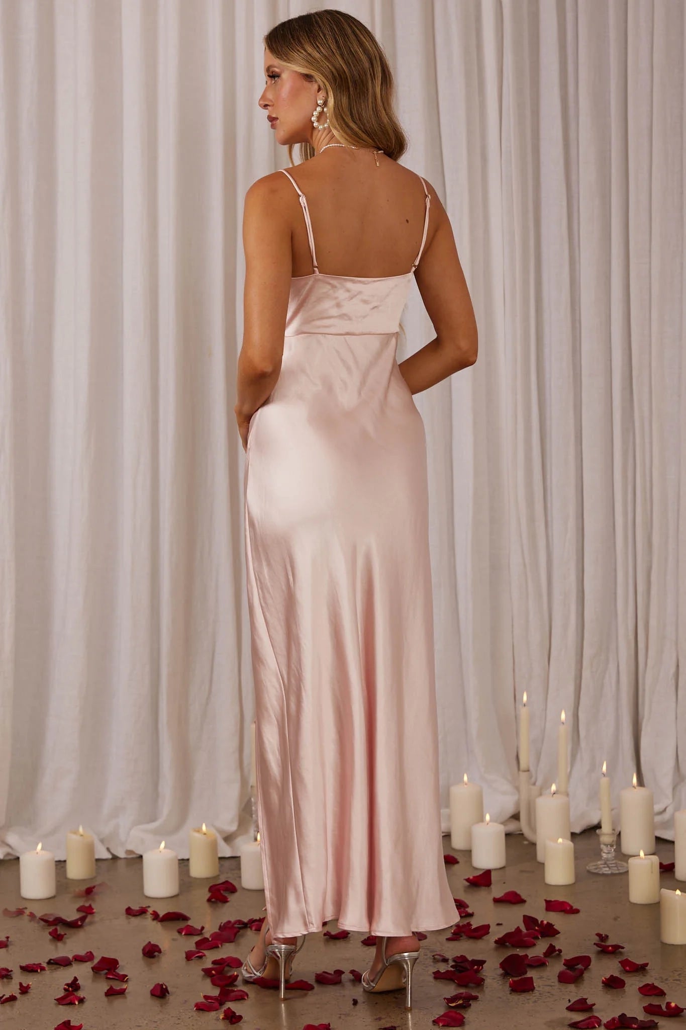 Elegant satin unlined front slit pleated detail with adjustable shoulder straps and invisible zipper bridesmaid dress