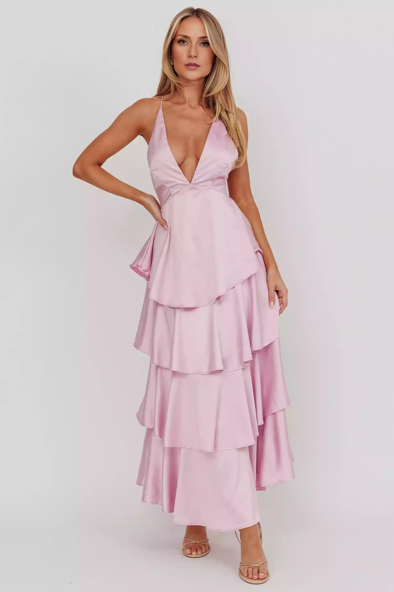 Elegant satin with extra long lining and layered ruffled straps, featuring a zipper on the backless Bridesmaid Dresses