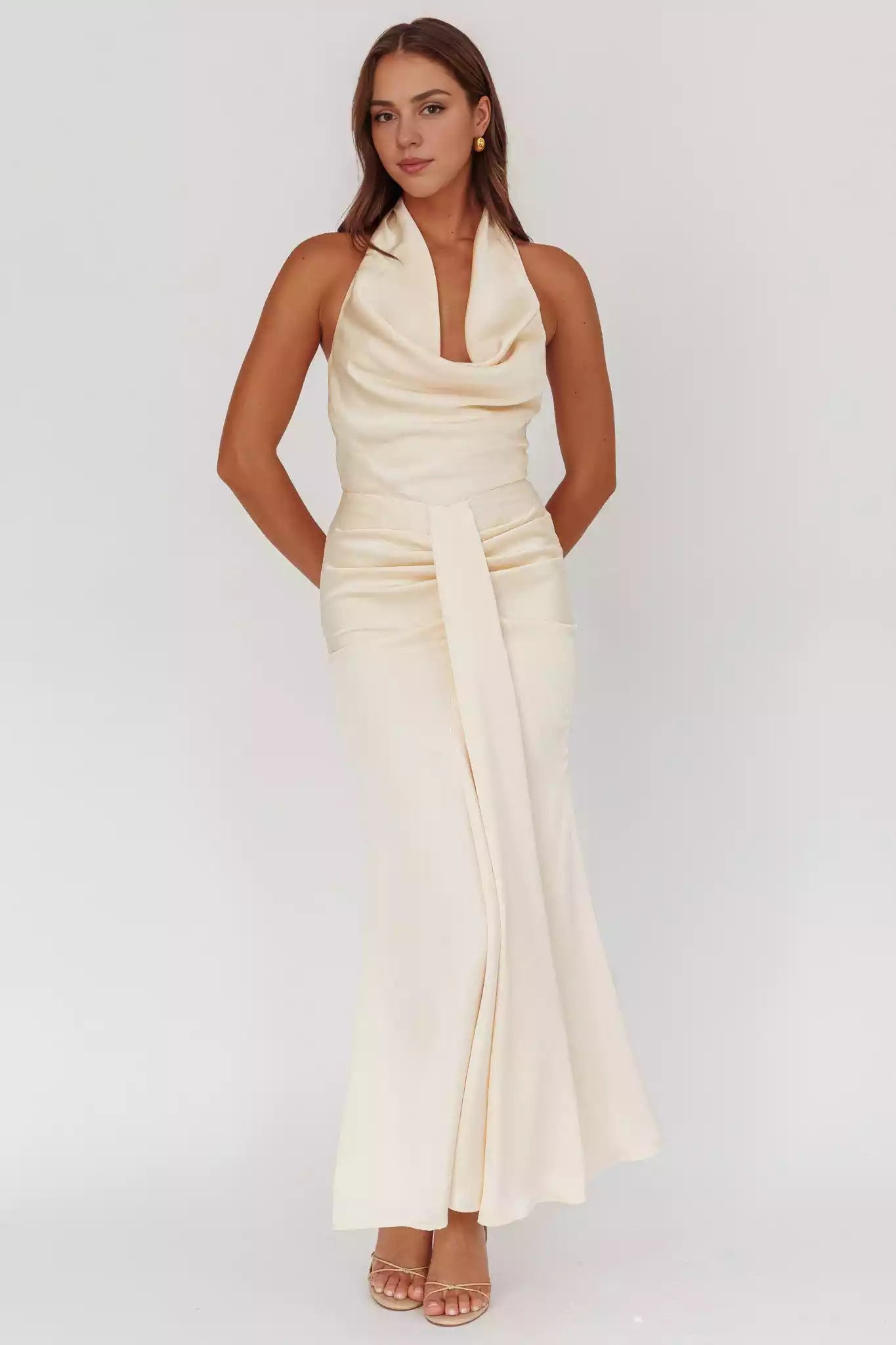 Elegant scarf style backless lining with pleated details and zipper at the back Bridesmaid Dresses