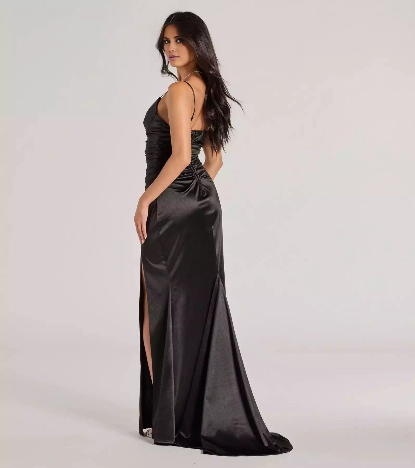 Elegant silky satin sleeveless V-neck adjustable thin shoulder strap pleated mermaid high slit and floor Prom Dresses
