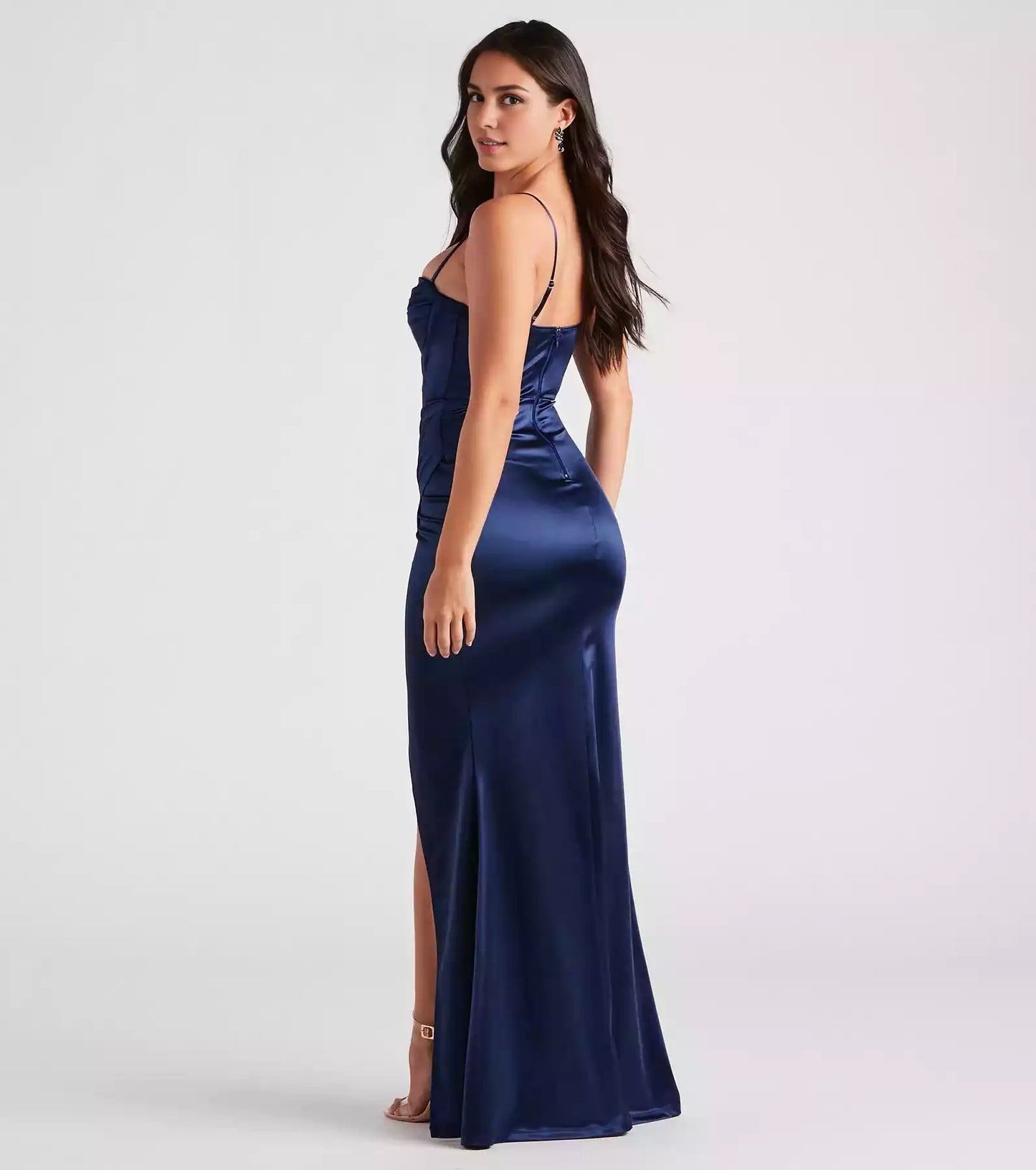 Elegant silky satin sleeveless heart-shaped neckline with adjustable pleats and thin shoulder straps with slits Prom Dresses