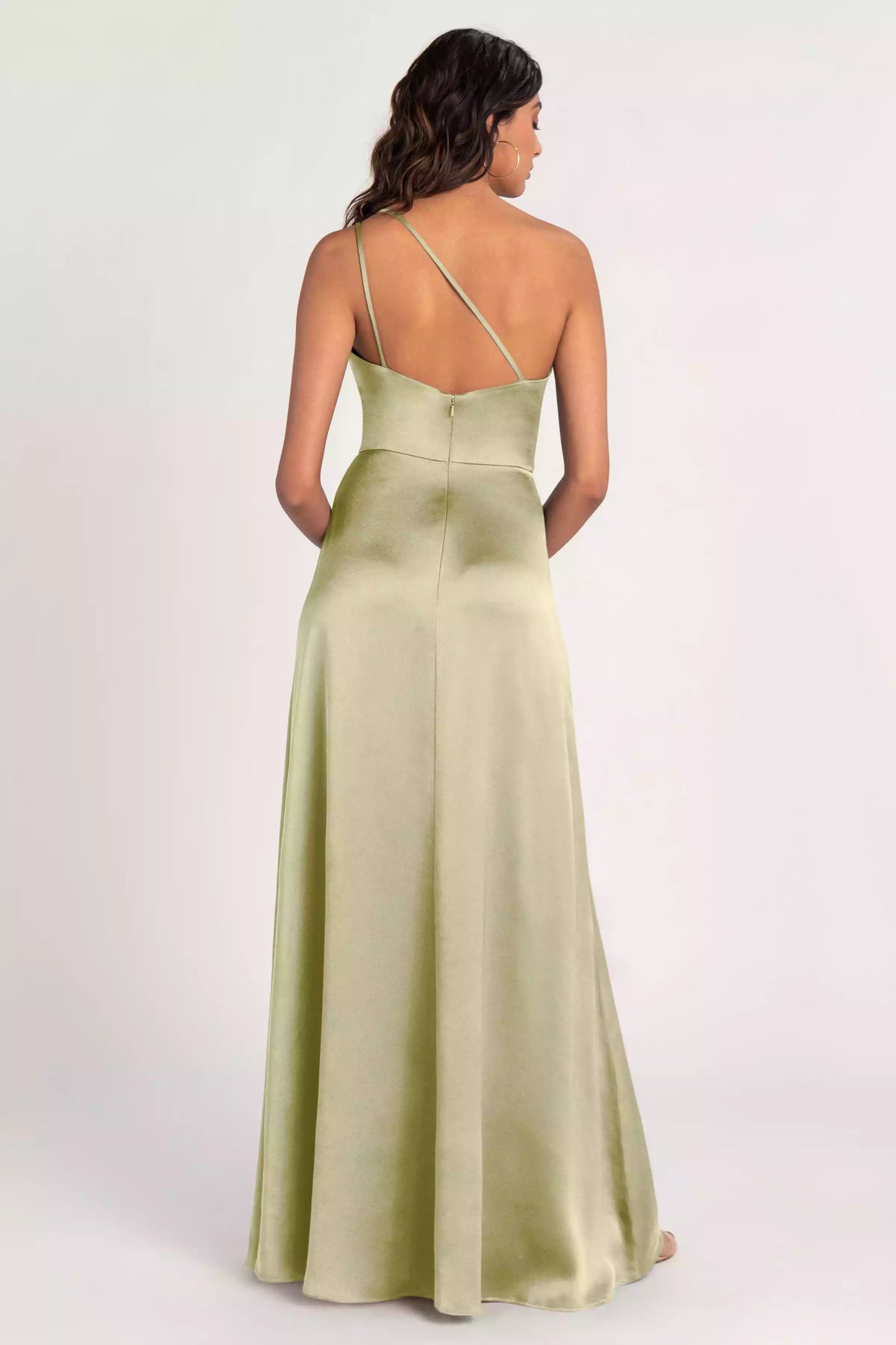 Elegant single shoulder satin asymmetrical neckline, slim shoulder strap, slim fit A-line skirt with slits, Bridesmaid Dresses