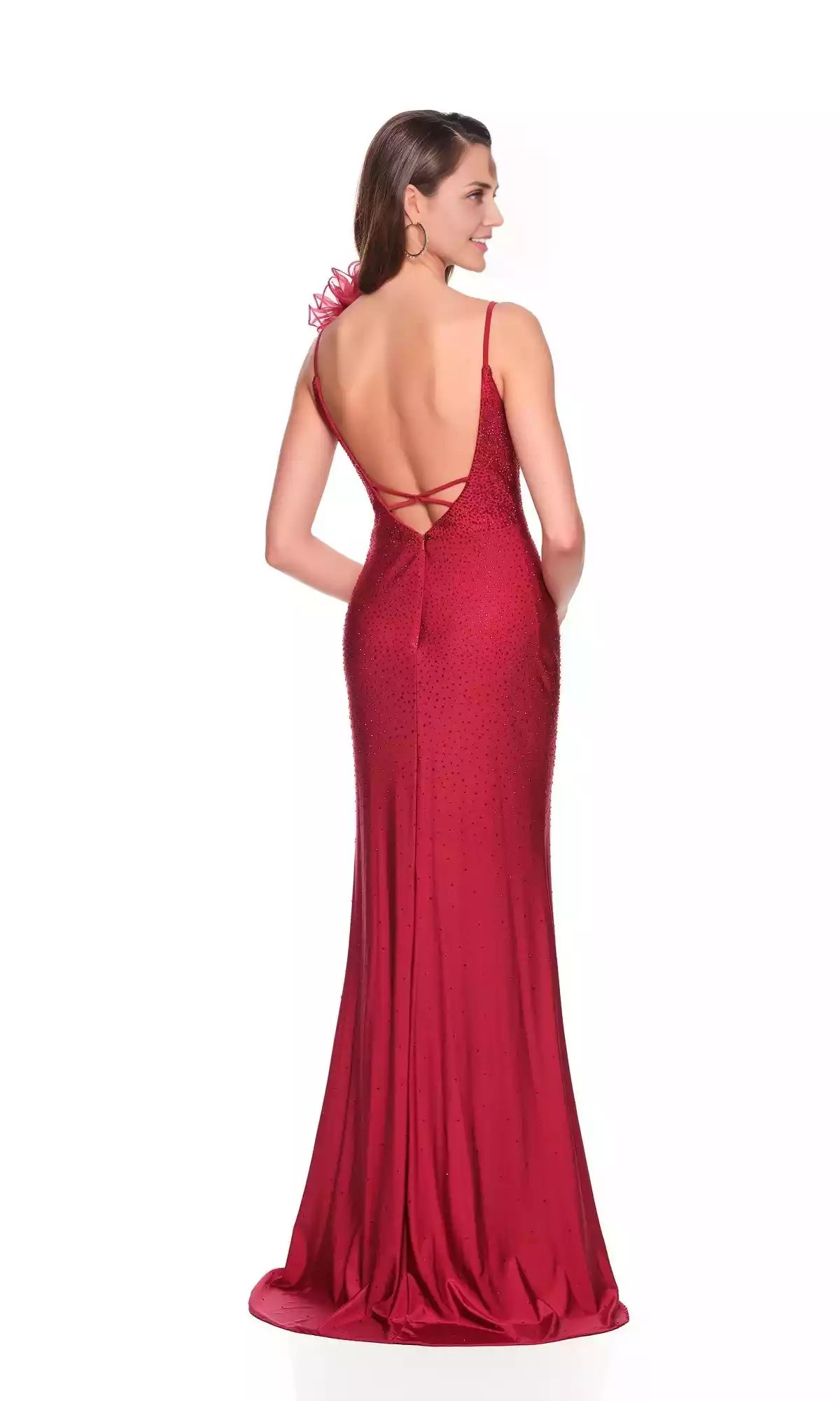 Elegant sleeveless long V-neck slim shoulder strap backless sheer floral decal Prom Dresses