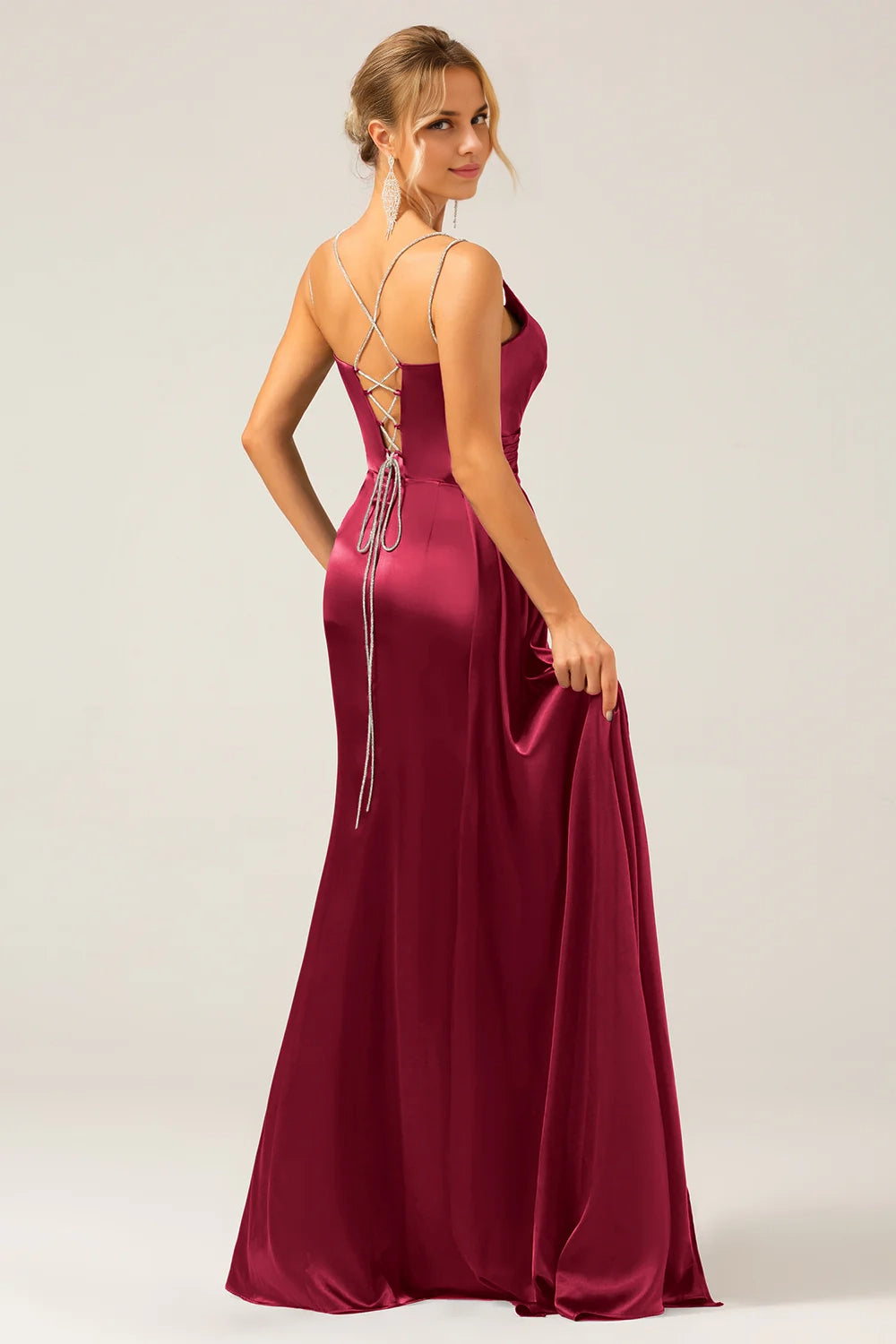 Elegant slim mermaid slim shoulder strap pleated sequin slit bridesmaid dress