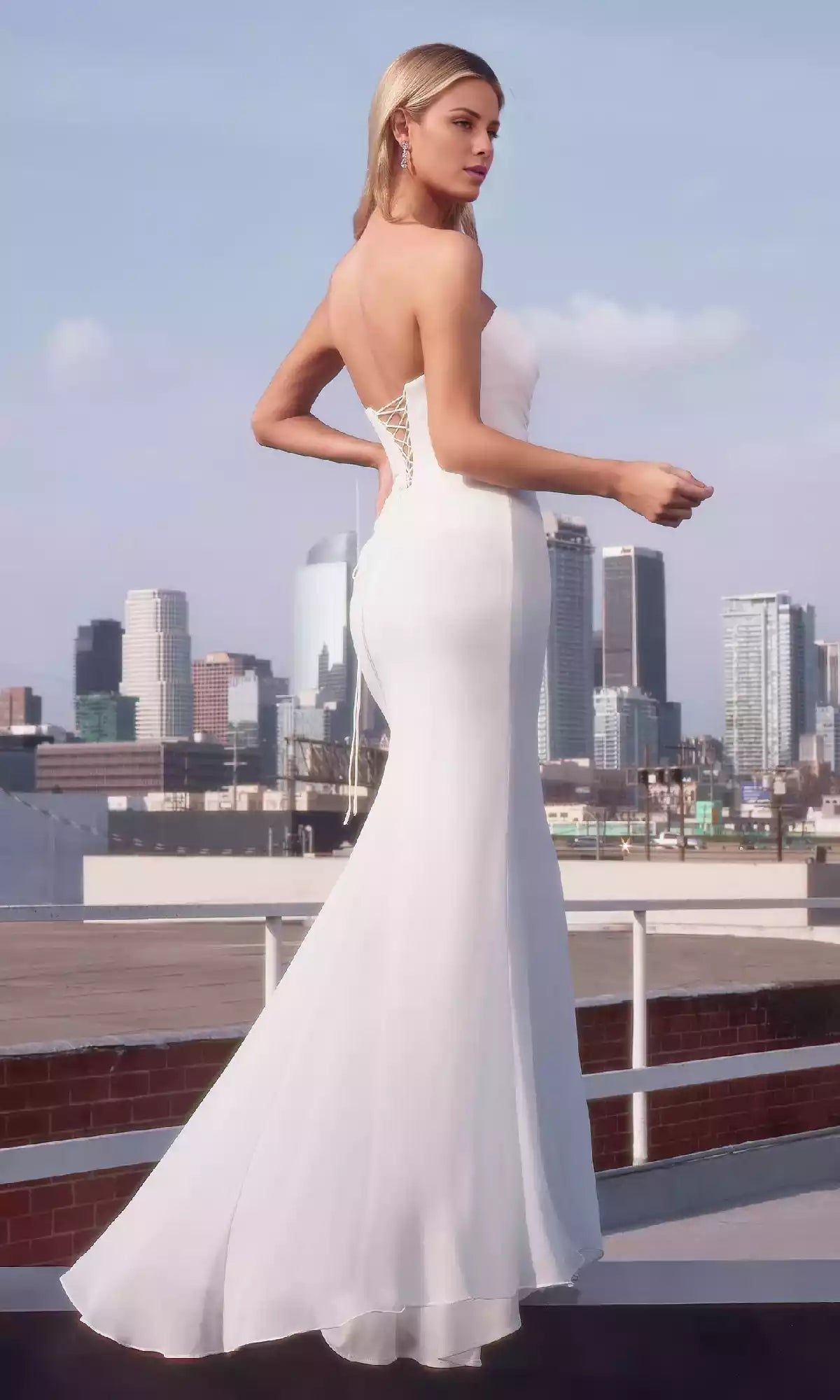 Elegant strapless long pleated neckline corset with exposed back and fishtail skirt, trailing Prom Dresses