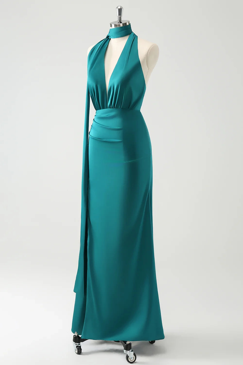 Elegant tight fitting deep V-neck pleated long backless bridesmaid dress
