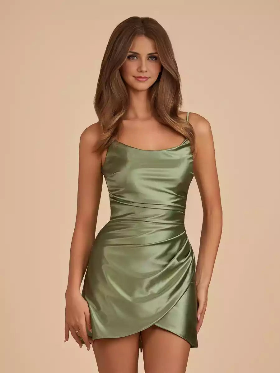 Elegant tight satin thin shoulder strap with short cut, pleated lace up back, Homecoming Dresses