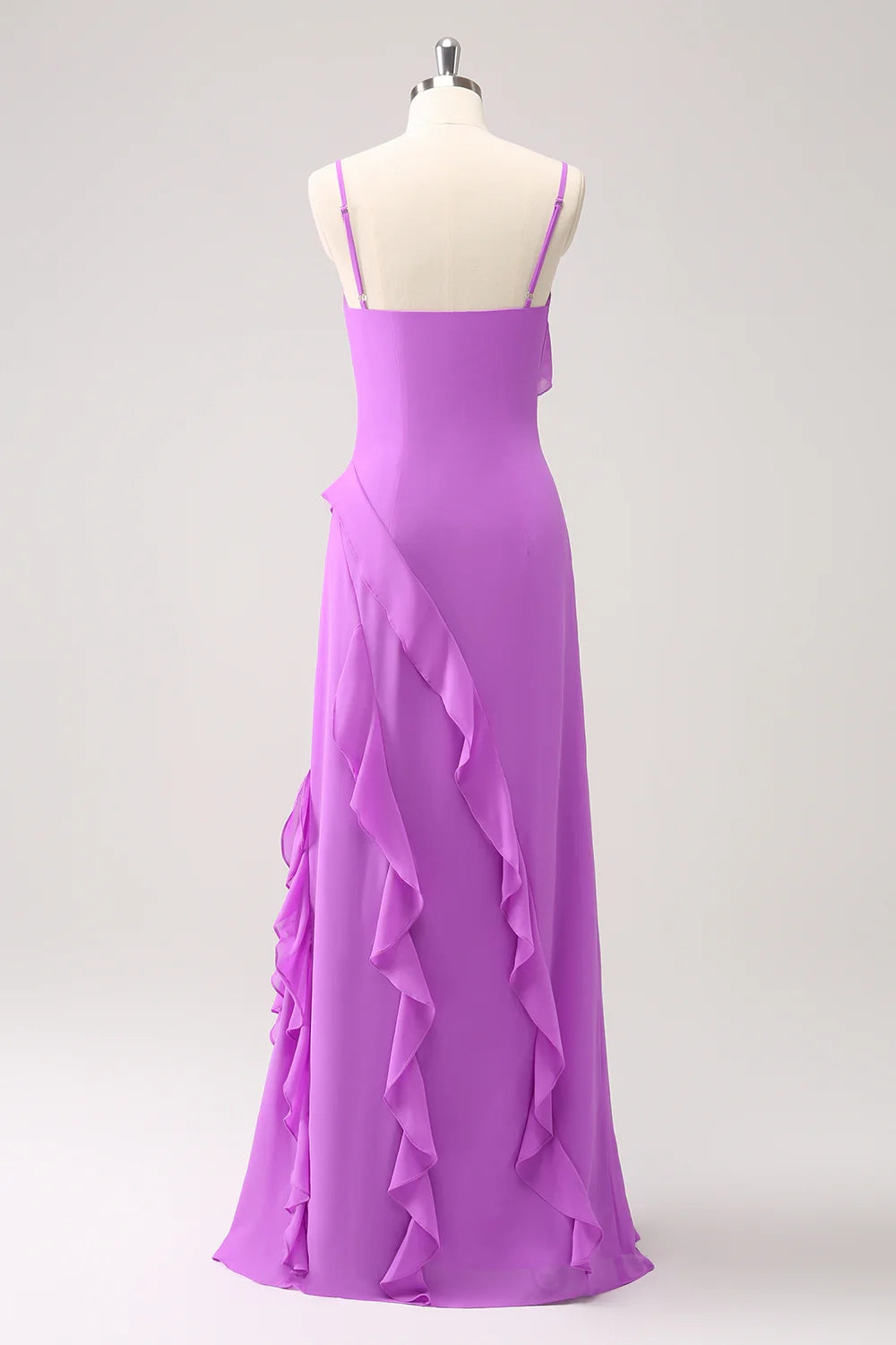 Elegant tight slim shoulder strap ruffle side length slit bridesmaid dress
