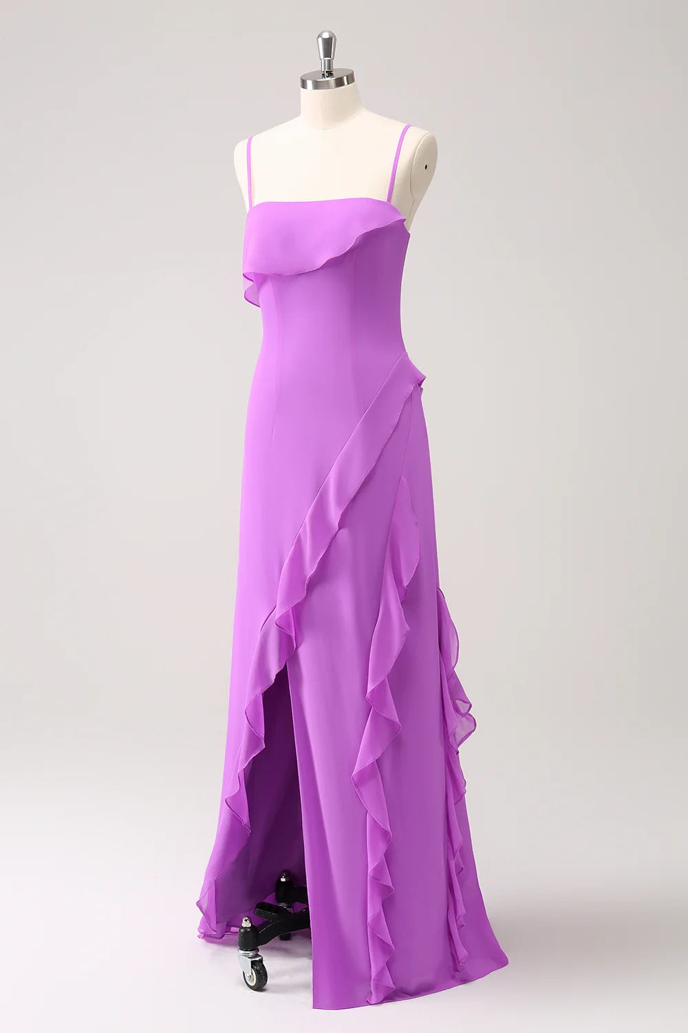 Elegant tight slim shoulder strap ruffle side length slit bridesmaid dress
