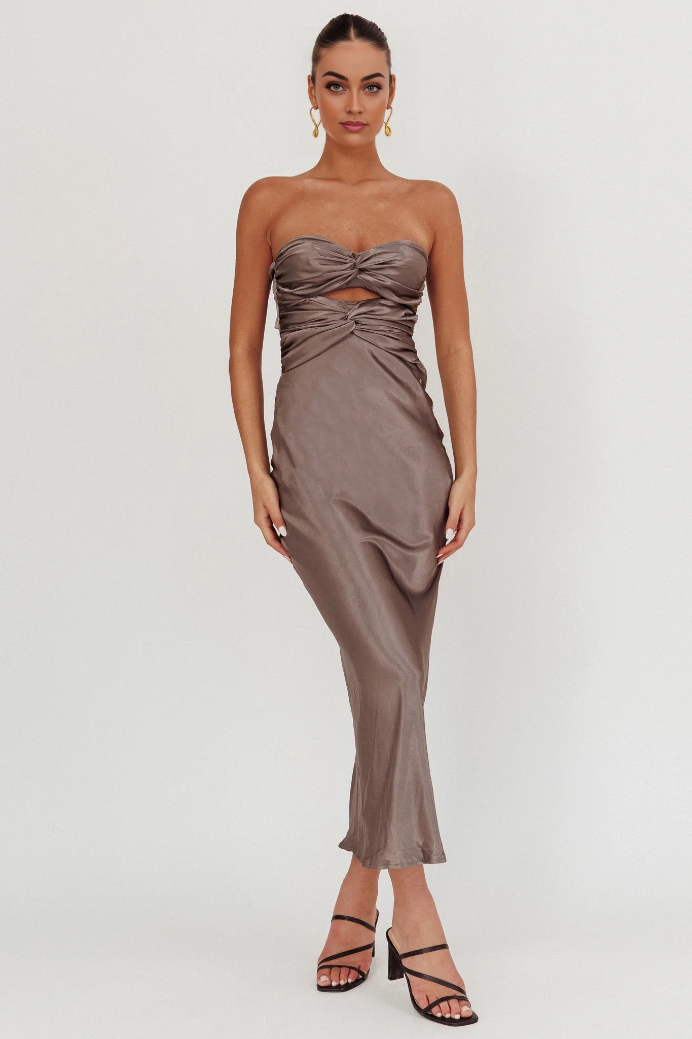 Enchanting double twisted mid length strapless tight corset with back tie bridesmaid dress