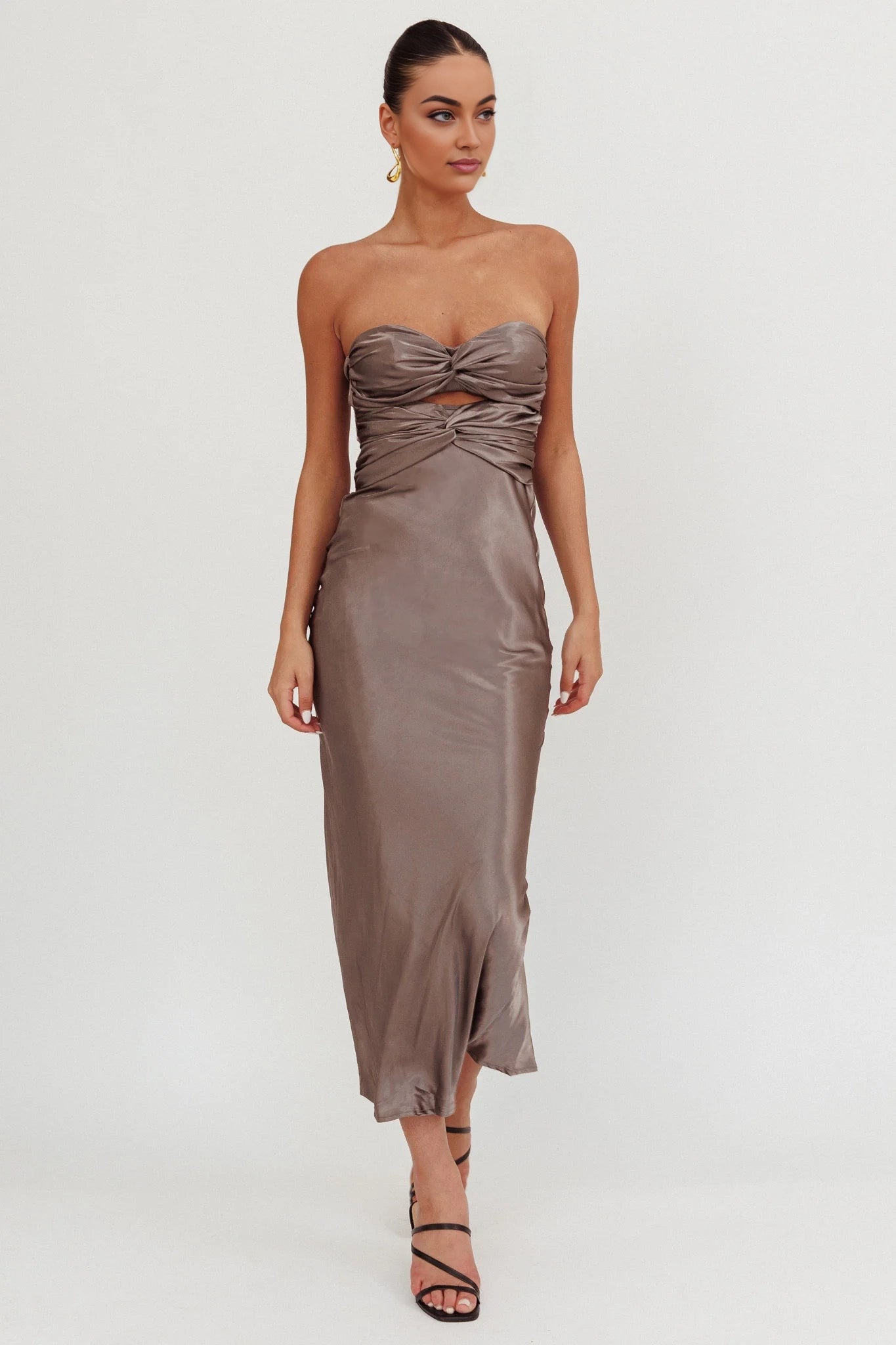 Enchanting double twisted mid length strapless tight corset with back tie bridesmaid dress