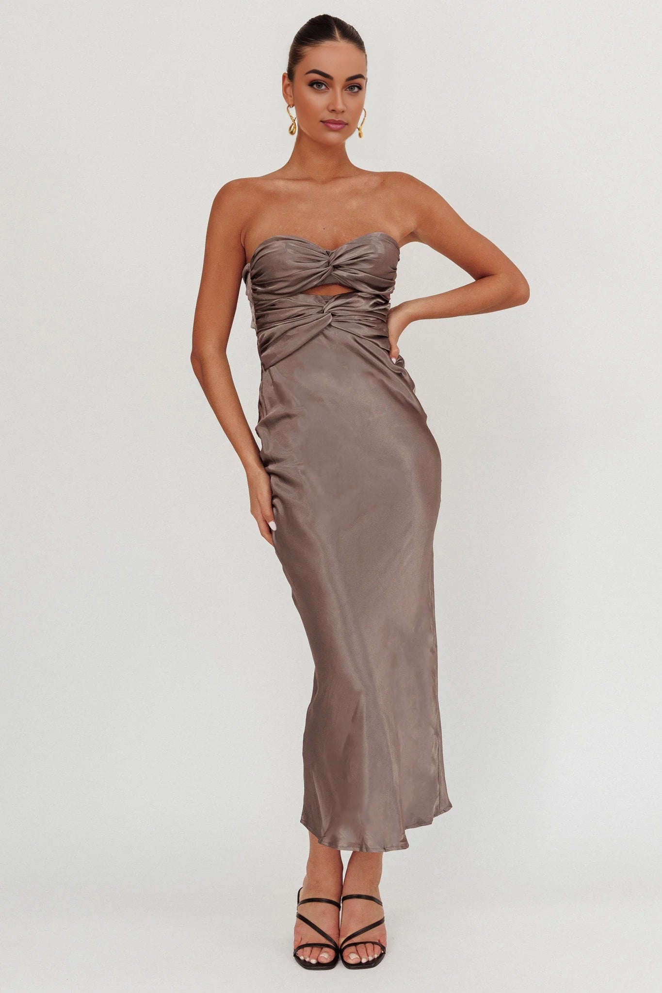 Enchanting double twisted mid length strapless tight corset with back tie bridesmaid dress