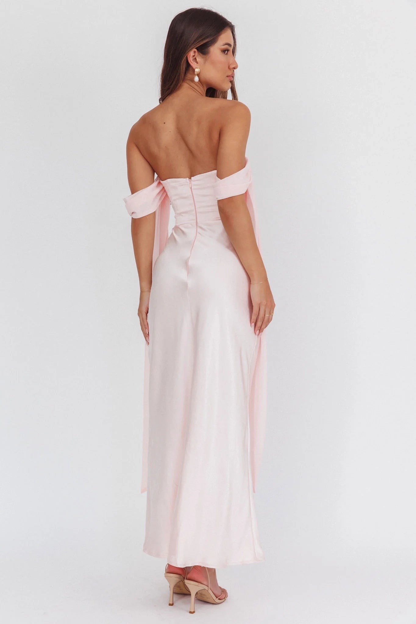Enchanting drooping sleeves and extra long off shoulder design create stunning bridesmaid dresses