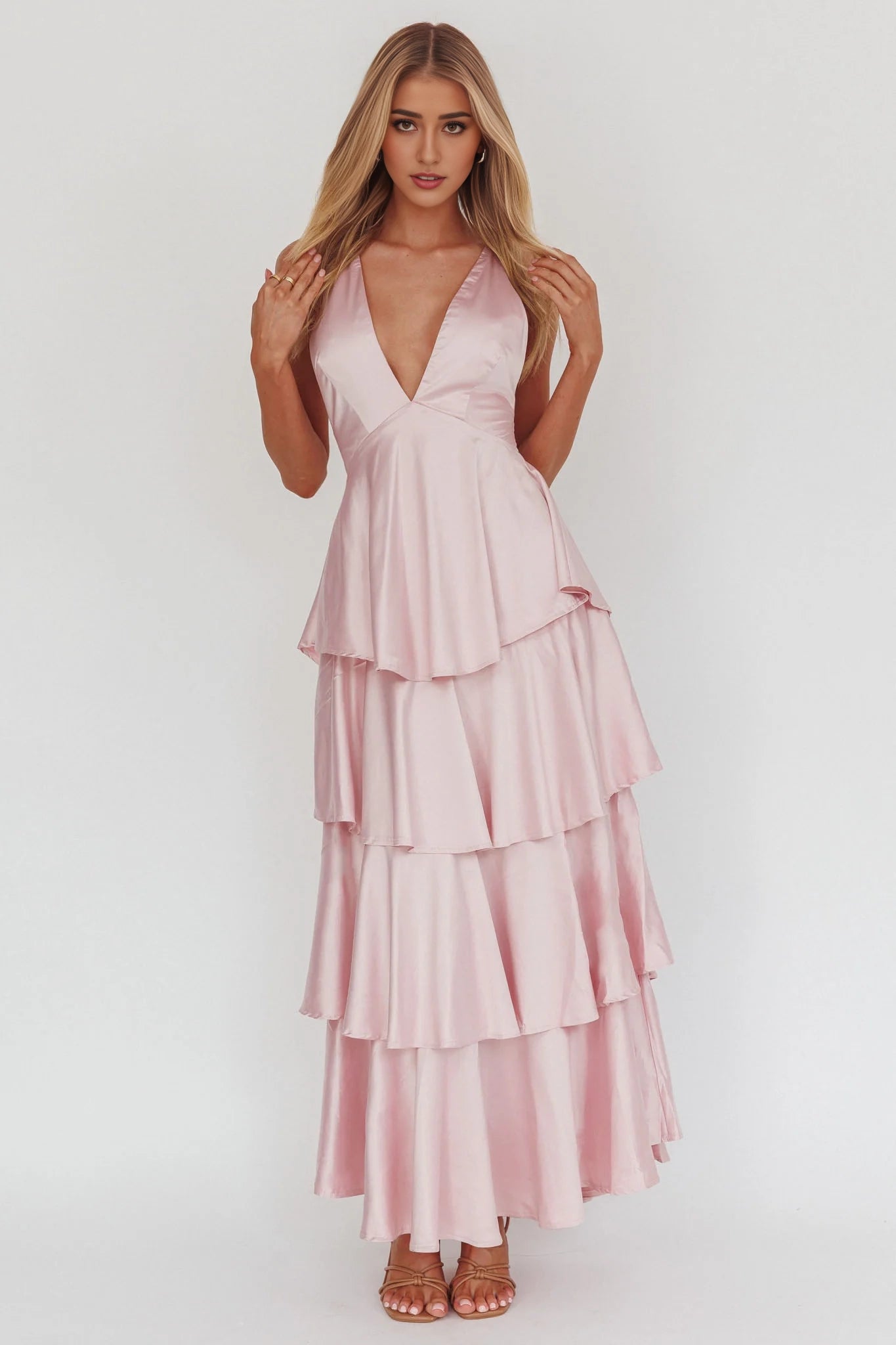 Enchanting satin medium length multi-layer pleated edge multi-layer ruffle edge off shoulder bridesmaid dress