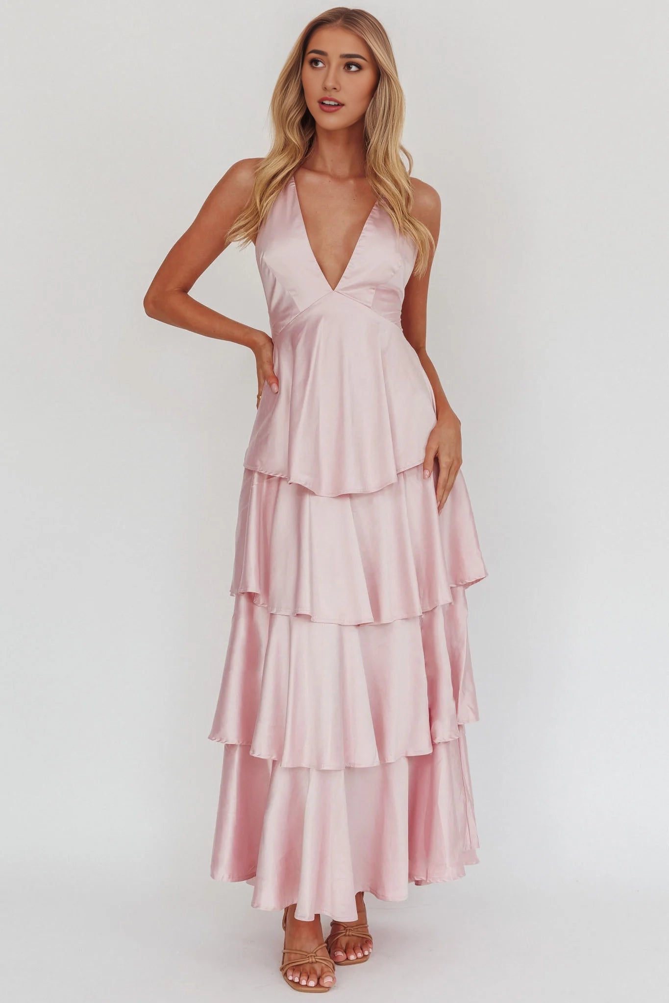 Enchanting satin medium length multi-layer pleated edge multi-layer ruffle edge off shoulder bridesmaid dress