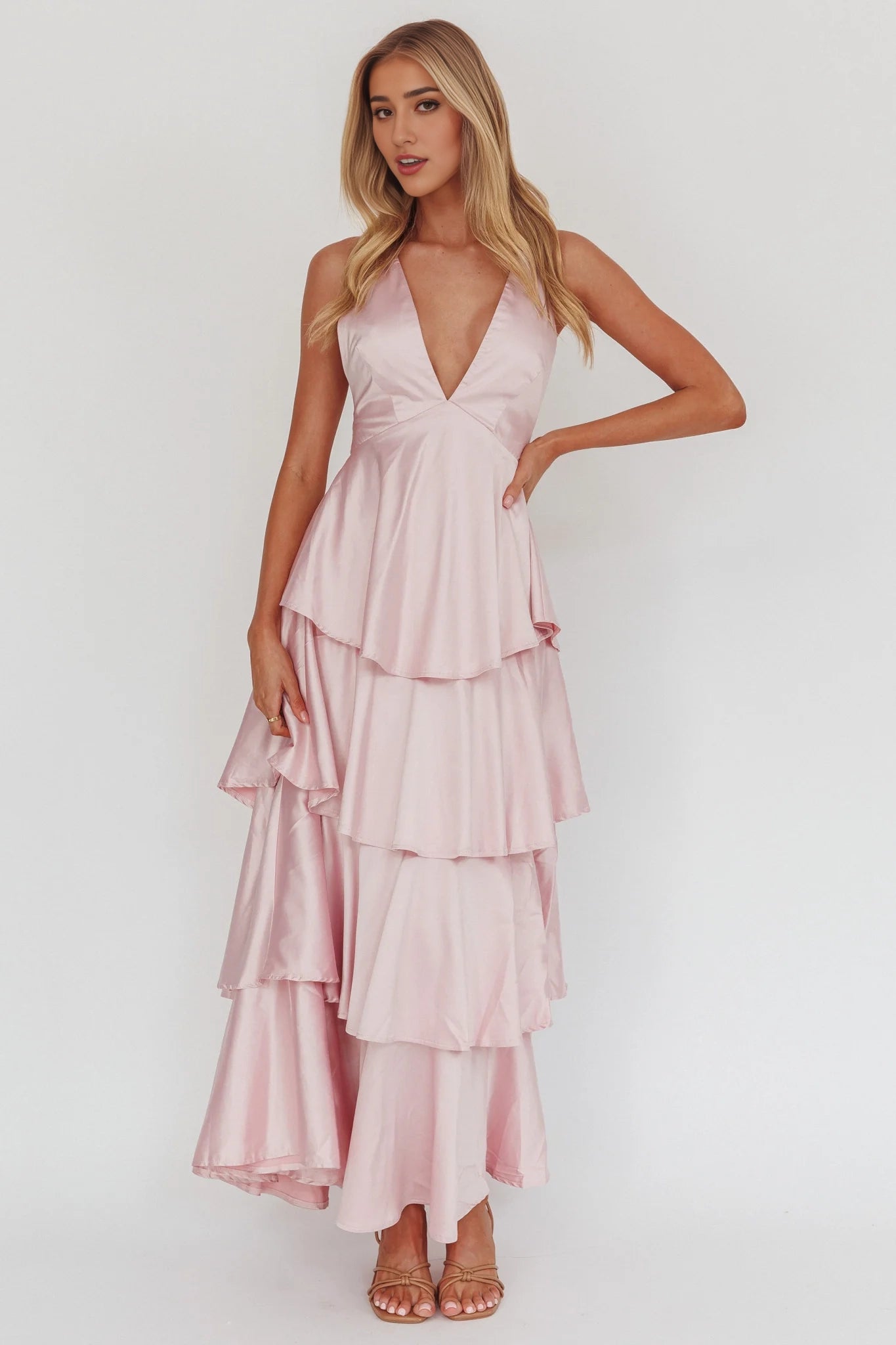 Enchanting satin medium length multi-layer pleated edge multi-layer ruffle edge off shoulder bridesmaid dress