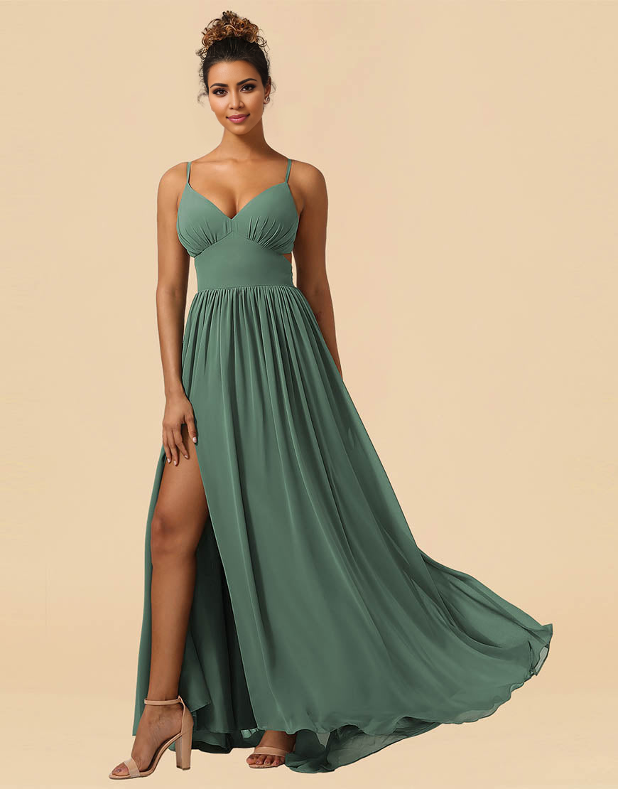 A-Line Spaghetti Straps Floor Length Chiffon Bridesmaid Dress with Split