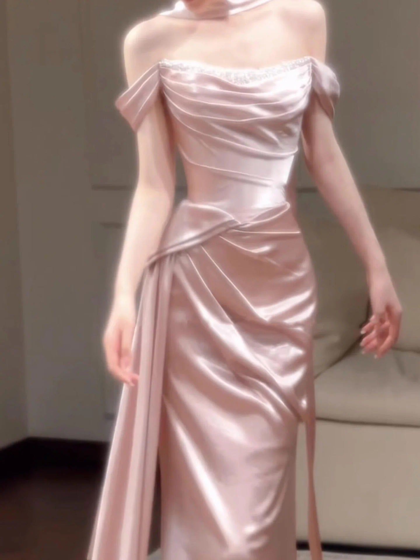 Evening Dress Off-the-Shoulder Blush Pink Satin Gown with High Neck Choker Ruched Bodice Draped Skirt and Side Train