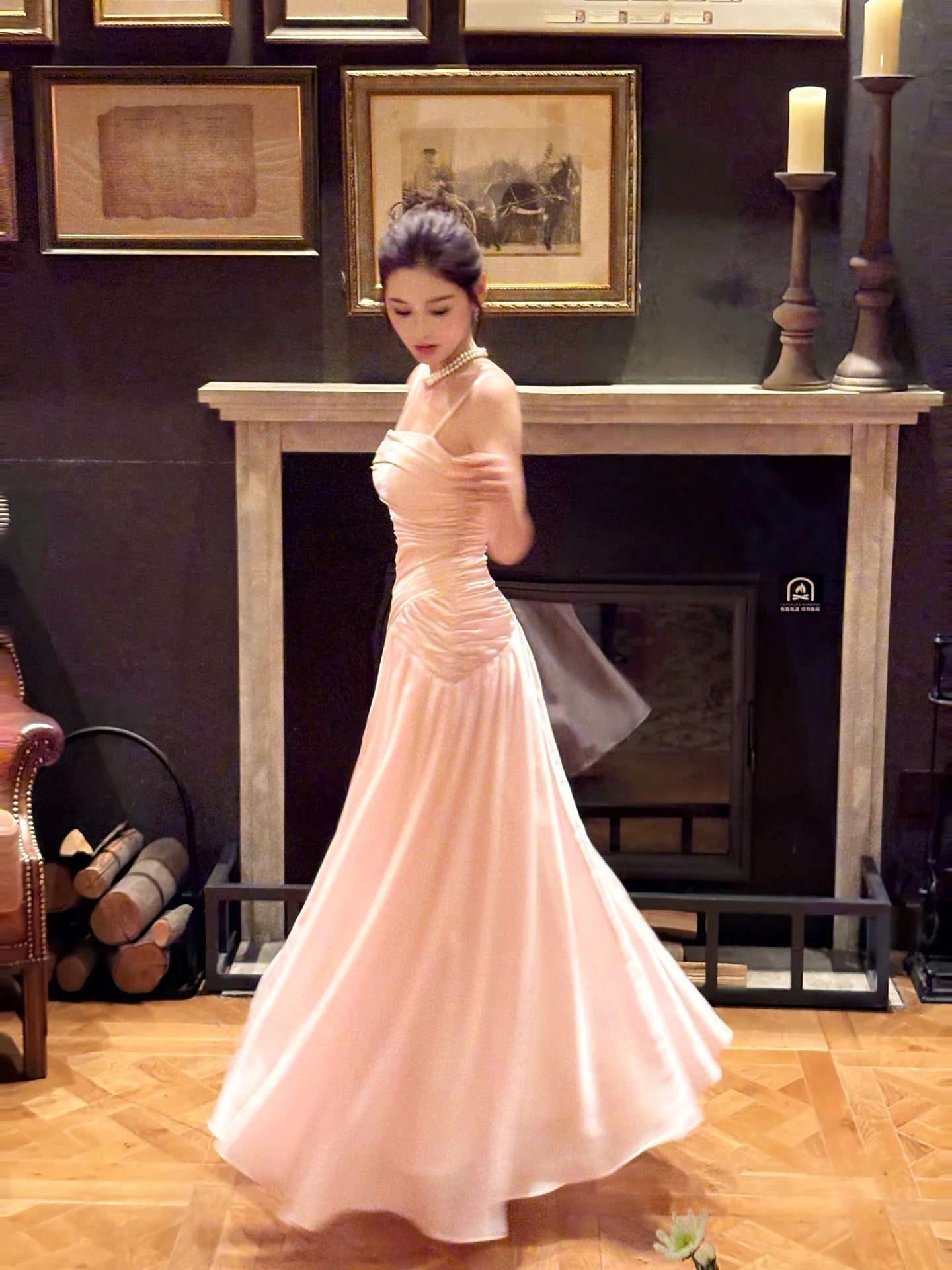Evening Dress Spaghetti Strap Blush Pink Satin Maxi Dress with Ruched Bodice and Flowing A-Line Skirt