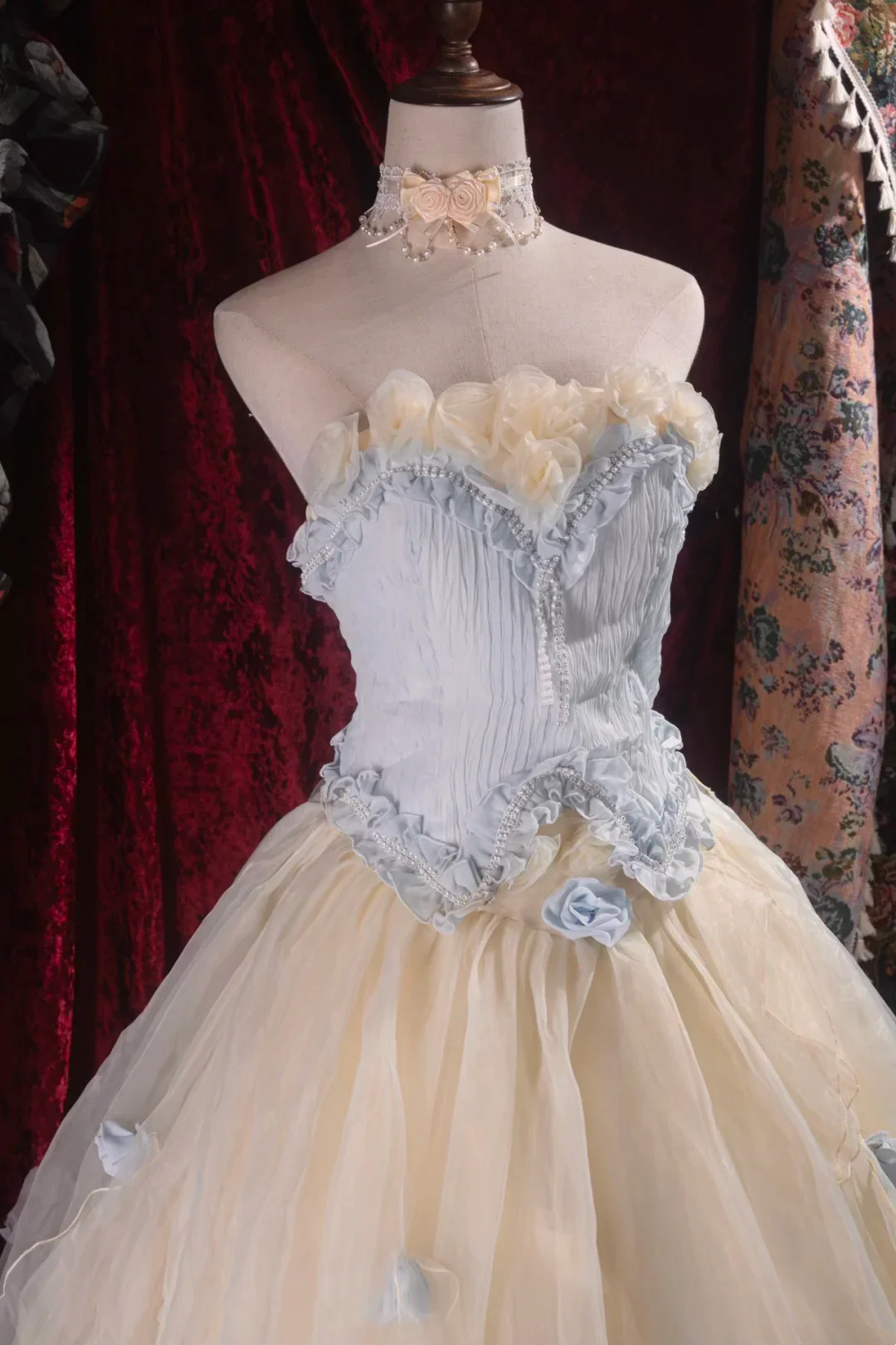 Evening Dress Strapless Light Blue and Cream Tulle Ball Gown with 3D Floral Appliqués Ruffled Bodice Lace-Up Back and Matching Choker