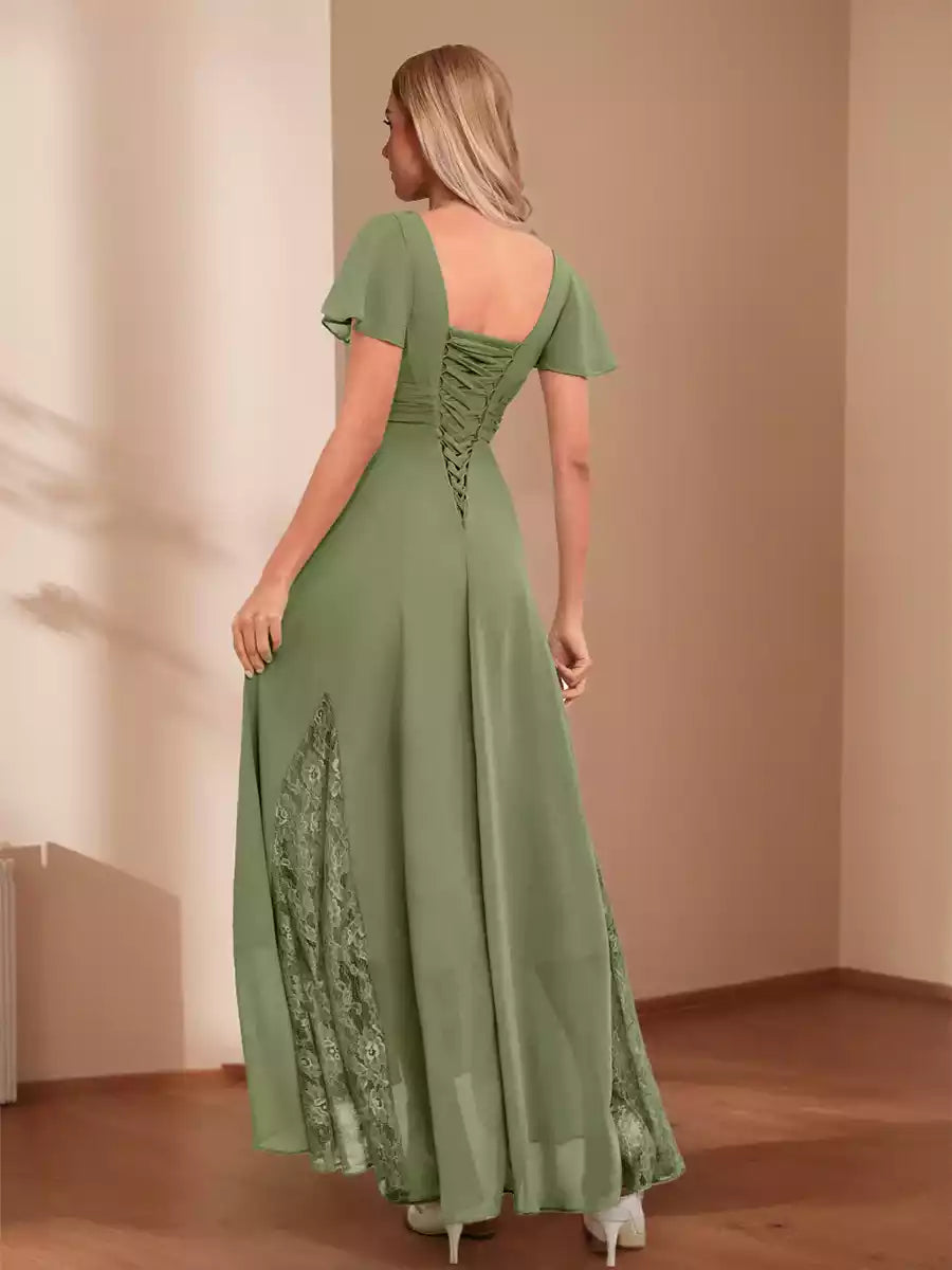 Exquisite A-line/Princess V-neck pleated asymmetrical lace decal Mother of the Bride Dresses