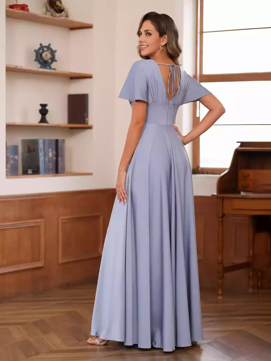 Exquisite A-line/Princess style V-neck short sleeved pleated Mother of the Bride Dresses
