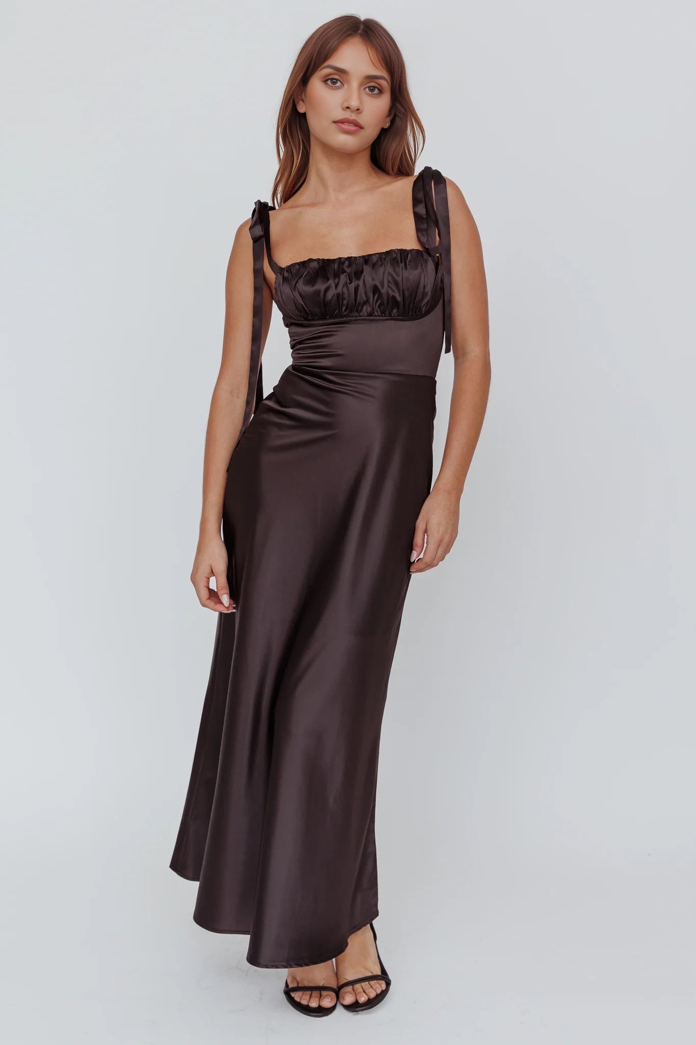 Exquisite semi lined shoulder tied bust with zippered back bridesmaid dress