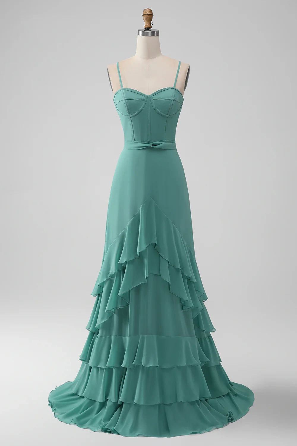 Eye catching A-line thin shoulder strap layered chiffon long bridesmaid dress