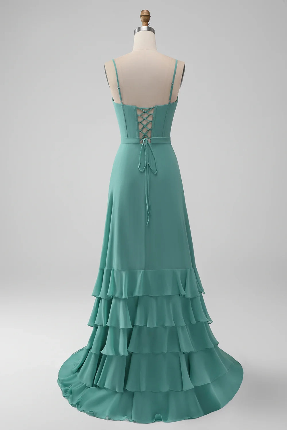 Eye catching A-line thin shoulder strap layered chiffon long bridesmaid dress