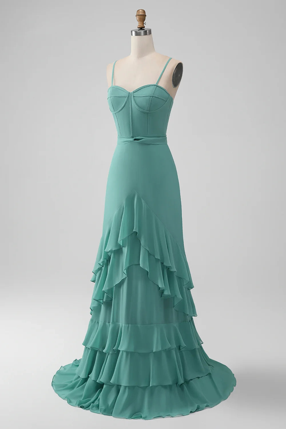 Eye catching A-line thin shoulder strap layered chiffon long bridesmaid dress