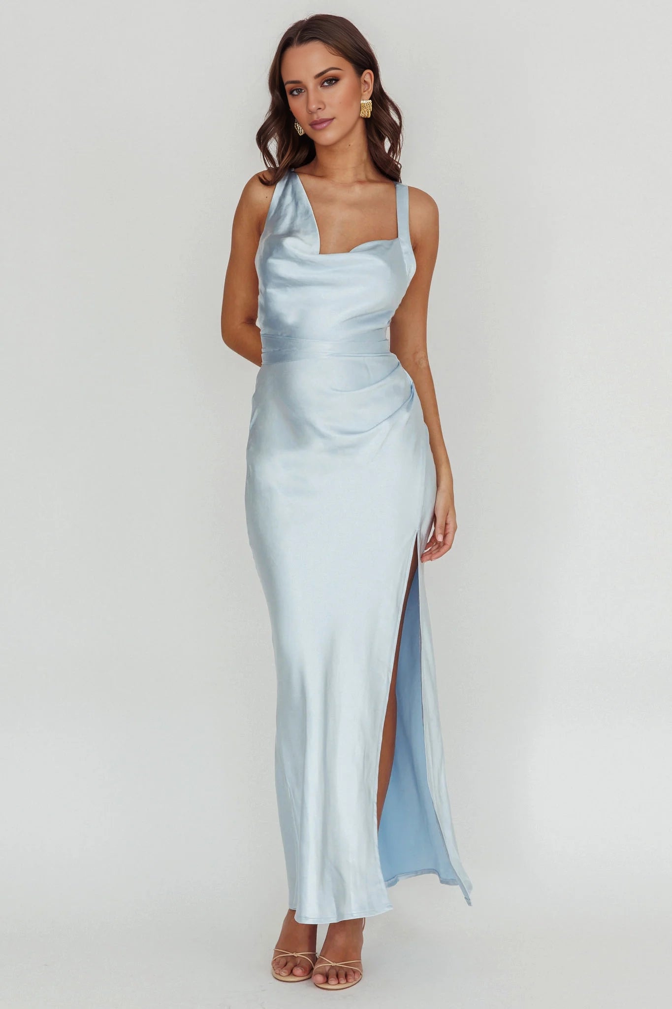Eye catching satin asymmetrical neckline, extra long cross straps, bridesmaid dress