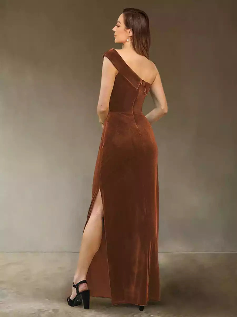 Eye catching single shoulder sleeveless velvet side slit velvet Mother of the Bride Dresses
