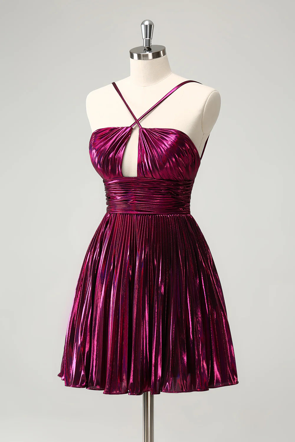 A Line Pleated Hollow Out Short Metallic Homecoming Dress