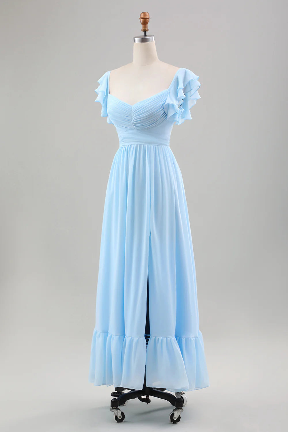 A Line Chiffon Pleated Tea-Length Dress with Ruffle Sleeves
