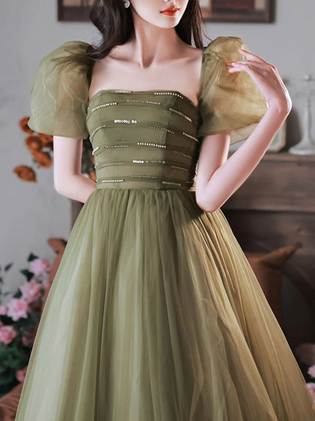 A-Line Green Sequin Tulle Long Prom Dress Green Formal Prom Dress