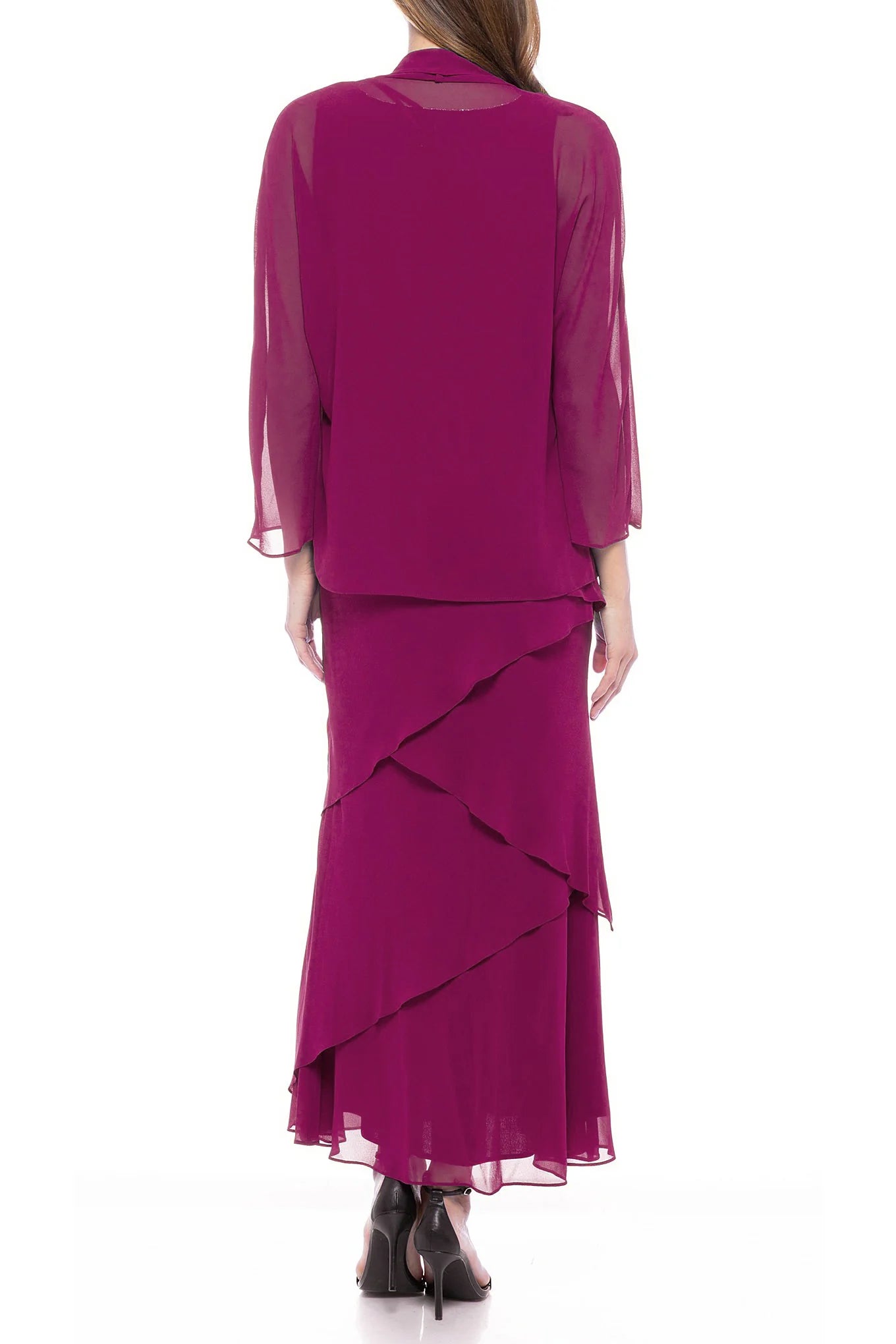 Embellished Scoop Neck Sleeveless Tiered Solid Chiffon Mother of the Bride Dress With Matching Long Sleeve Jacket