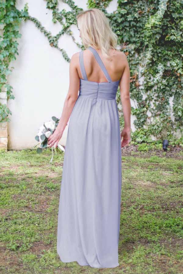 Fashionable Chiffon One Shoulder A-line Open Front Lavender Floor to Floor Wedding Bridesmaid Dress