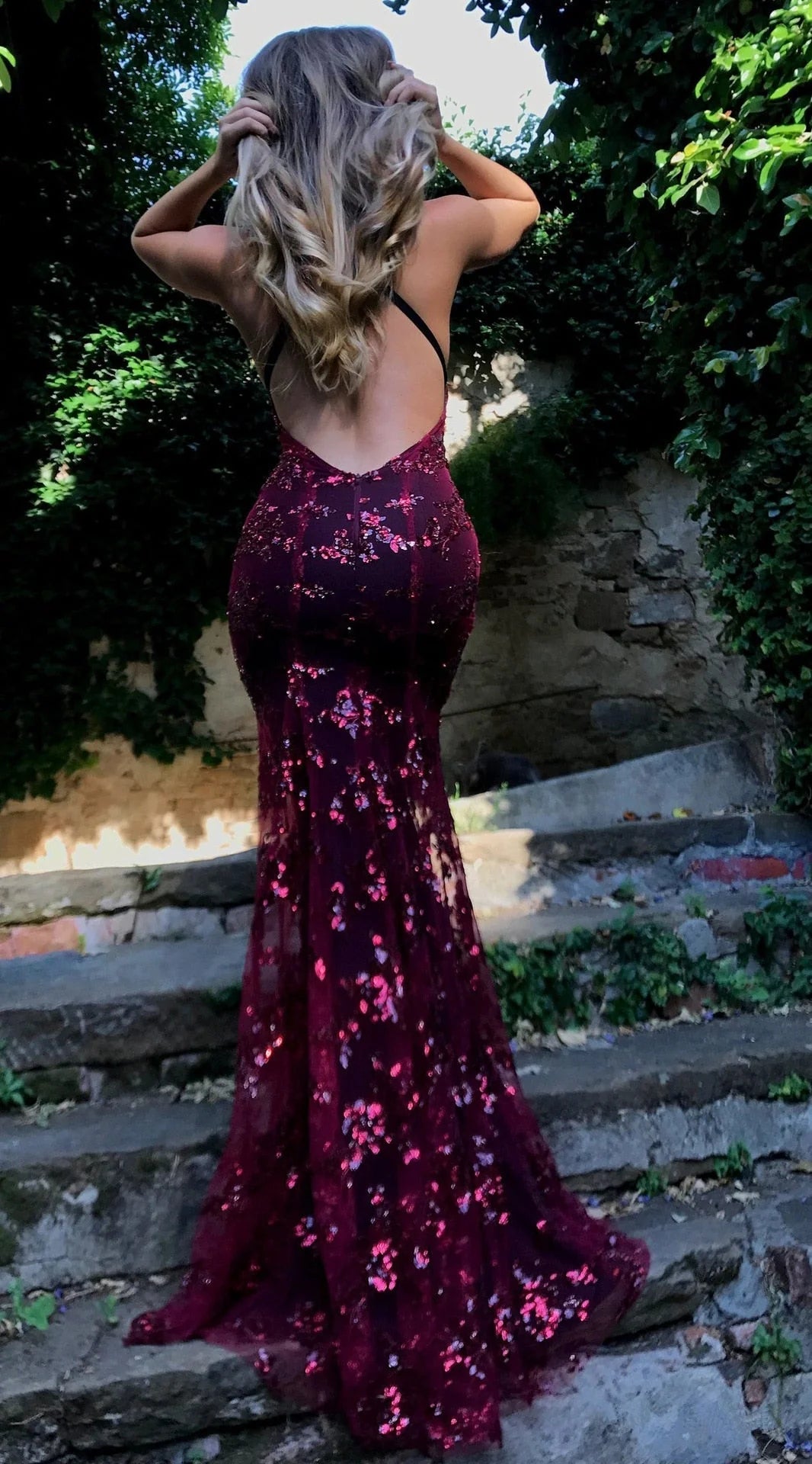 Wine red sequin backless deep V-neck formal dress