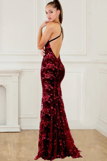Wine red sequin backless deep V-neck formal dress