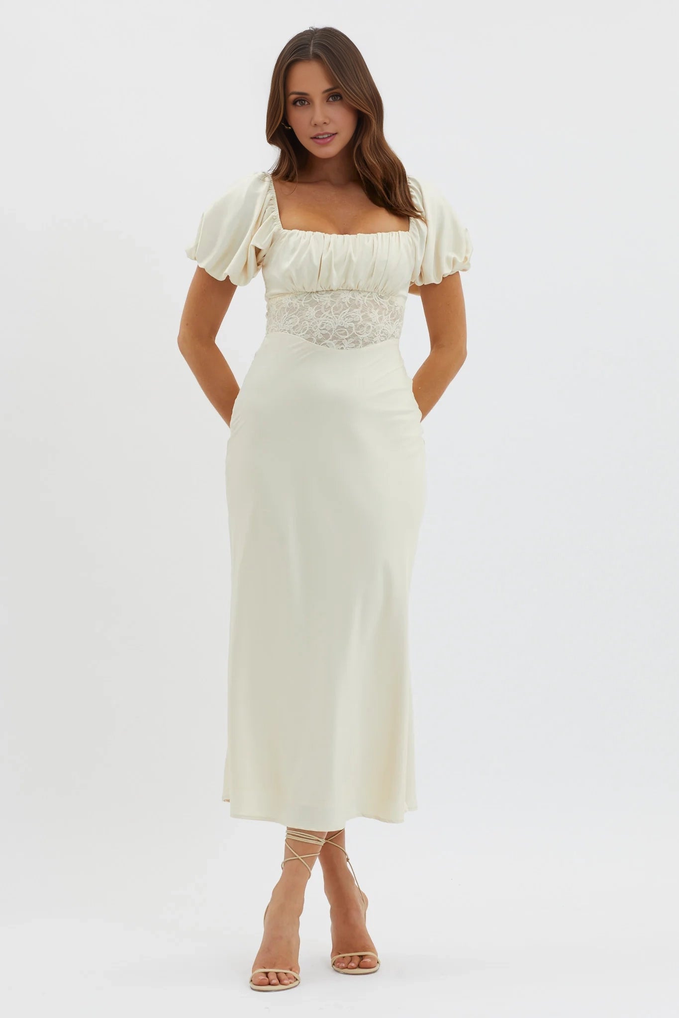 Fashionable fully lined bubble sleeve lace waist and back with zipper bridesmaid dress