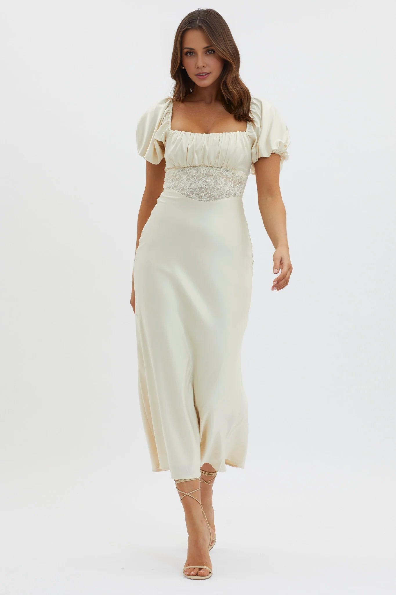 Fashionable fully lined bubble sleeve lace waist and back with zipper bridesmaid dress
