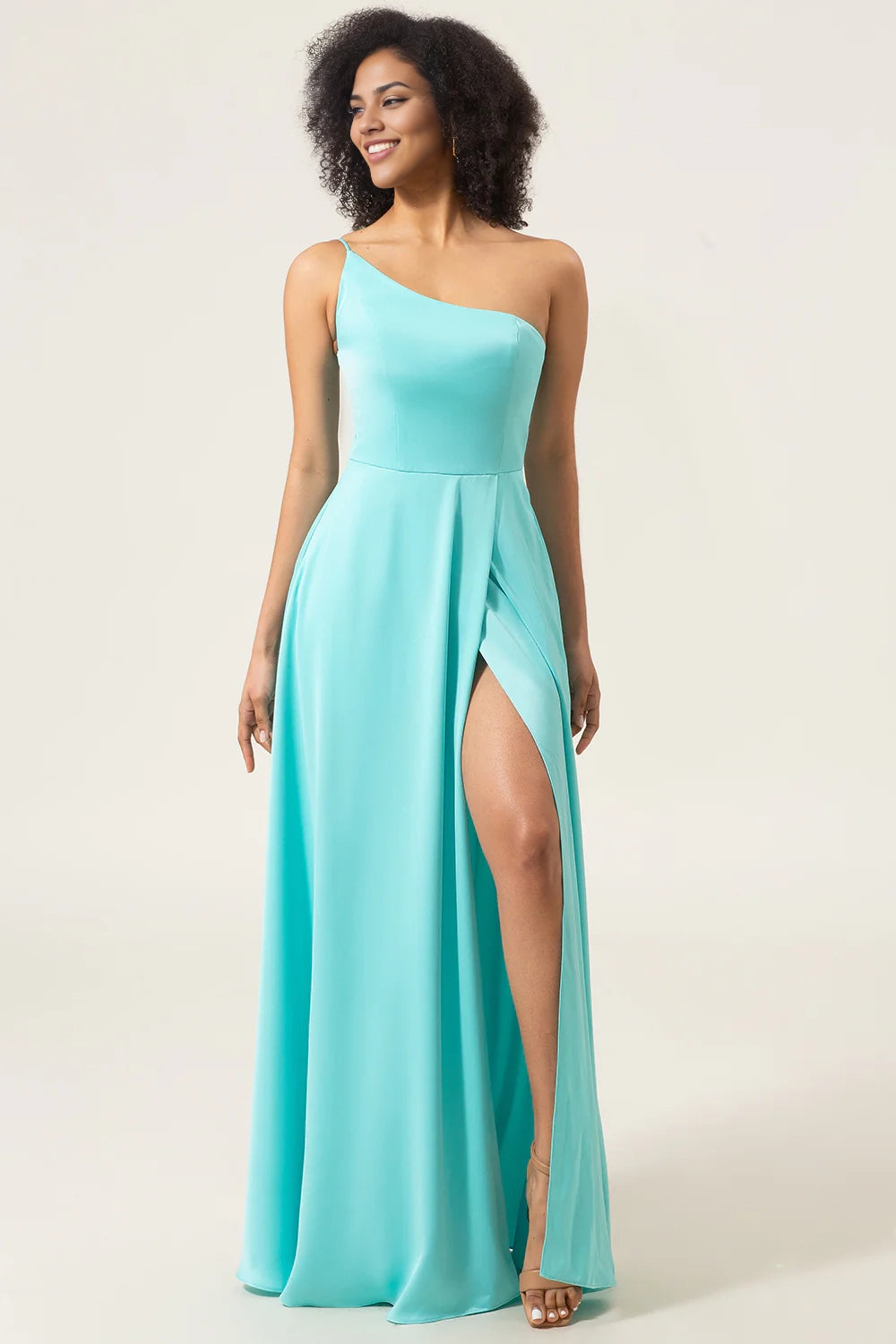 Fashionable sleeveless A-line shoulder and floor chiffon slit bridesmaid dress