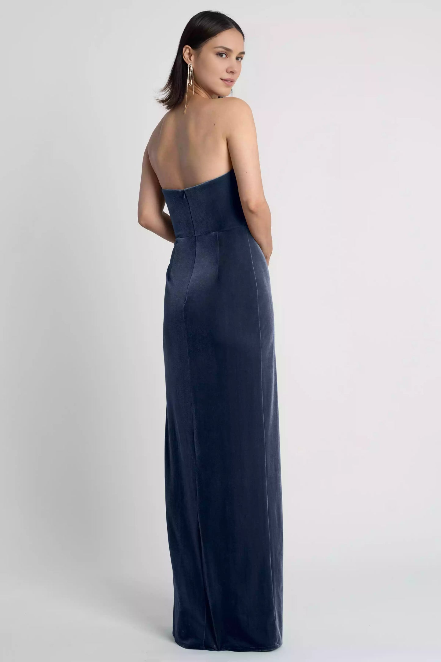 Fashionable velvet strapless round neck off shoulder slim fit with side slits, tight corset, back middle zipper, Bridesmaid Dresses