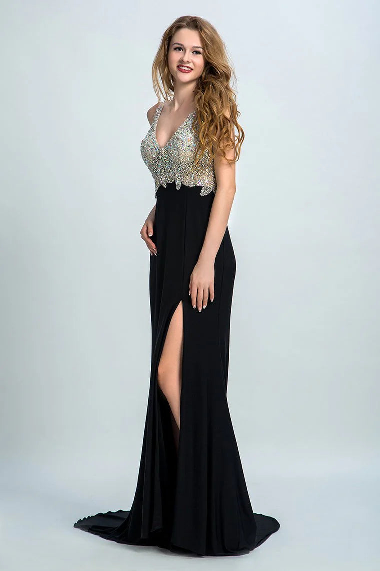 Black formal dress with full bead embellishments tight fitting corset backless chiffon sweeping dressBlack formal dress with full bead embellishments tight fitting corset backless chiffon sweeping dress