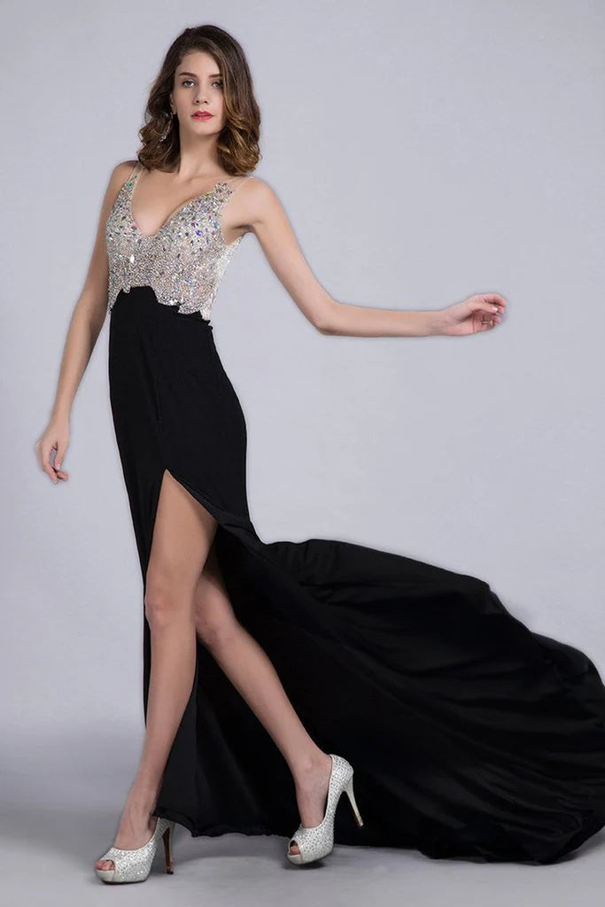 Formal full beaded nylon tight fitting corset backless sexy palace train black
