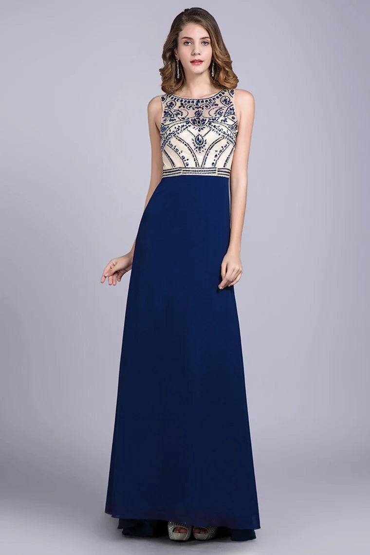 Formal low waisted A-line full-length beaded sheer tight fitting corset paired with chiffon skirt