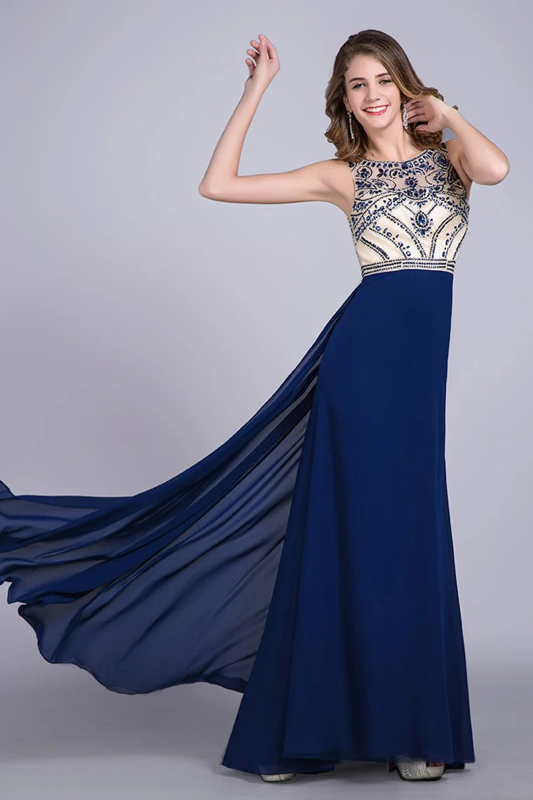 Formal low waisted A-line full-length beaded sheer tight fitting corset paired with chiffon skirt