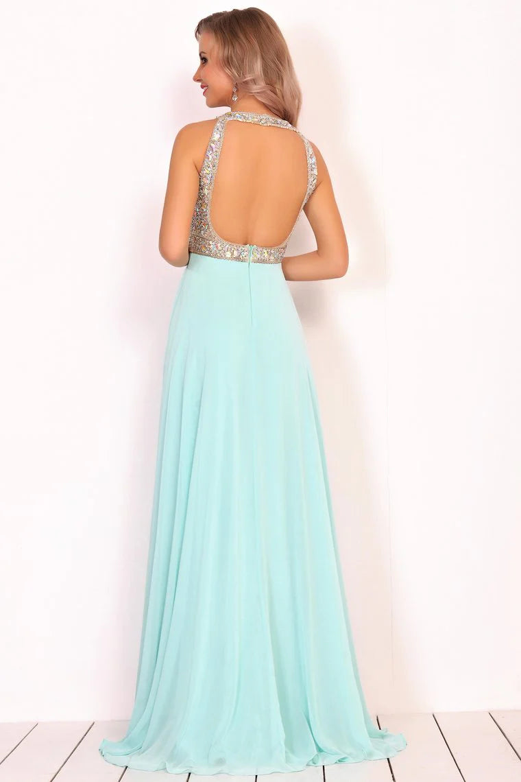 Formal Beaded Chiffon Split Backless Cocktail Ball Evening Dress