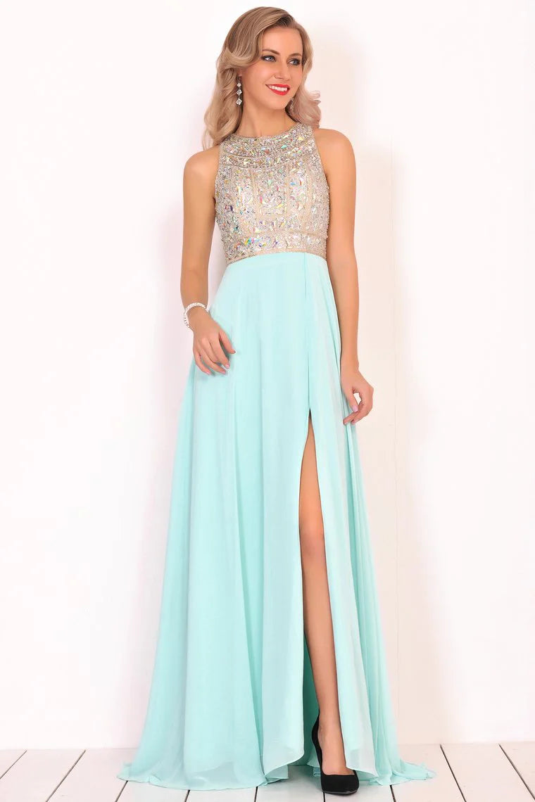 Formal Beaded Chiffon Split Backless Cocktail Ball Evening Dress